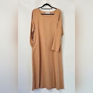 Tan Cotton Linen Blend Crew Neck Long Sleeve Lagenlook Midi Dress w Side Pockets